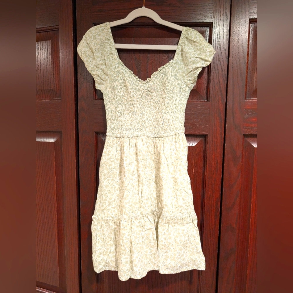 Hollister smocked cream and green floral dress